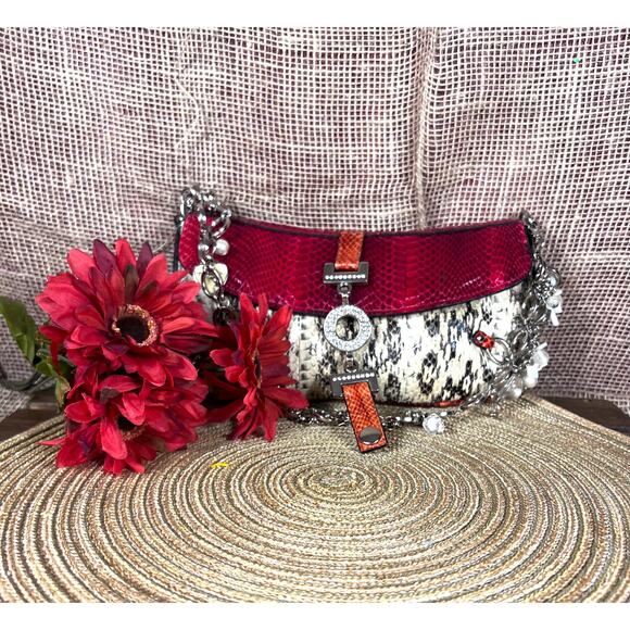 Tosca Blu Shoulder Saddle Bag – Snakeskin Leather Bag, Detachable Jeweled Chain- - Picture 1 of 16